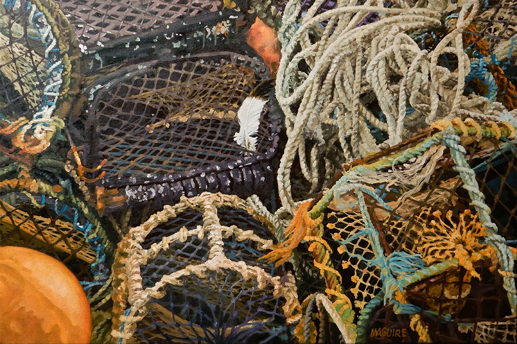 Colorful lobster pots stored on an Irish pier.